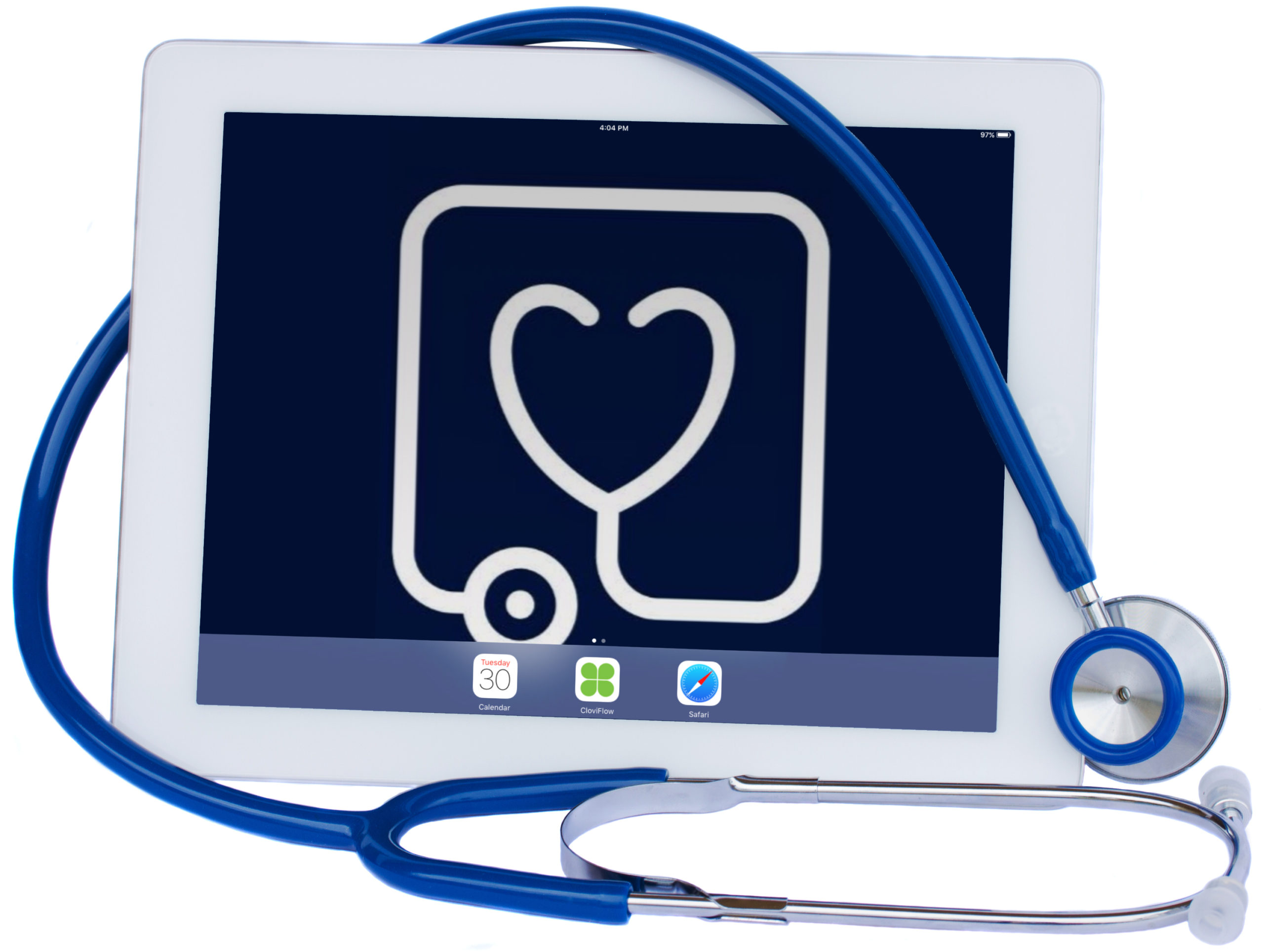 medical tablet with blue stethoscope isolated on white background
