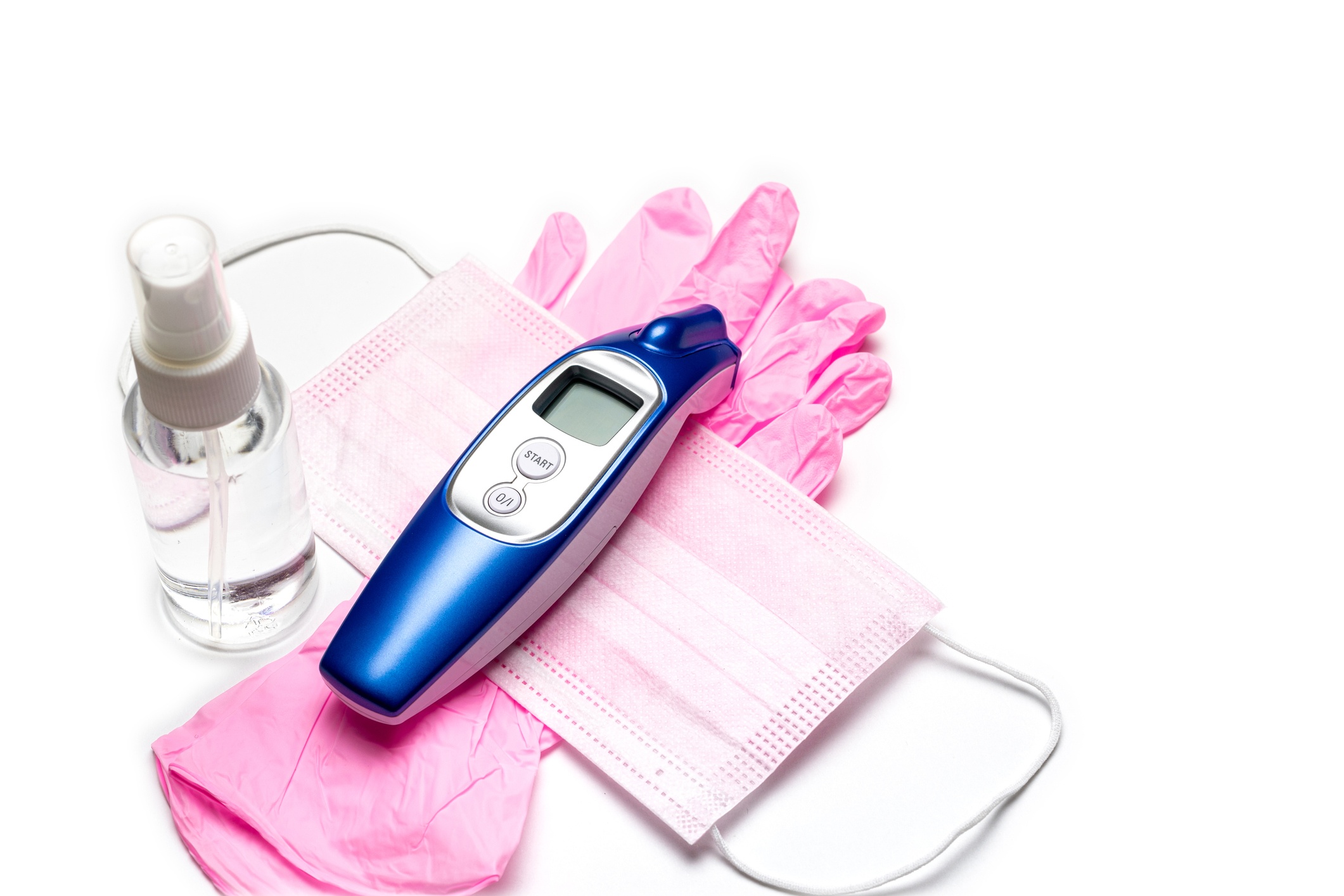 Sanitizer bottle, Medical surgical mask, modern thermometer and lab gloves - Virus protection equipment on white background. COVID middle East respiratory syndrome coronavirus. corona virus disease.